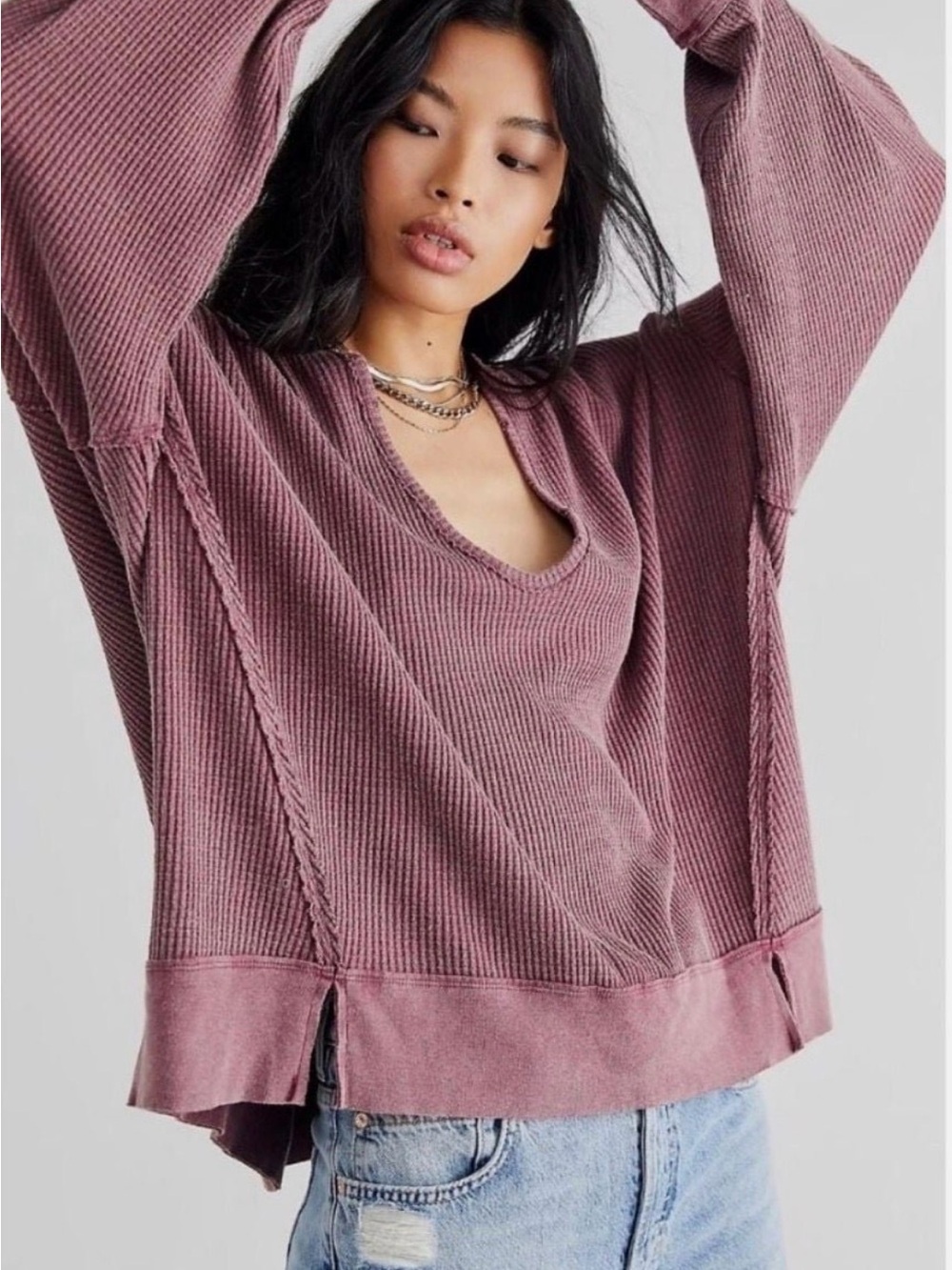 We The Free Dusty Rose Ribbed V-Neck Sweater